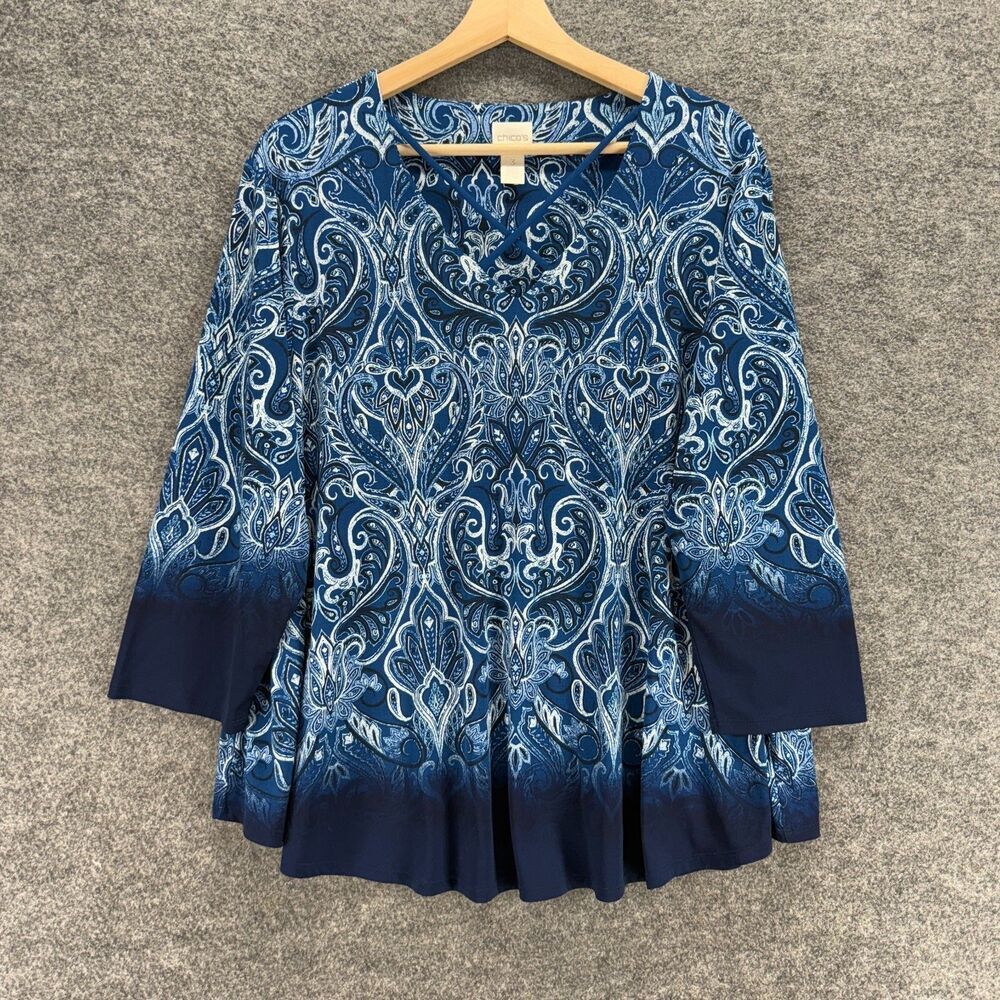 Chico's Blouse Women 3 Blue Geometric V-Neck Long Sleeve Pullover Casual Comfort